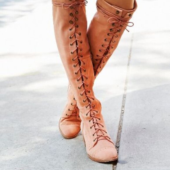 Free People +Jeffrey Campbell Joe Lace-Up Over-the-Knee Boots Light Grey sz 7 - Picture 9 of 16